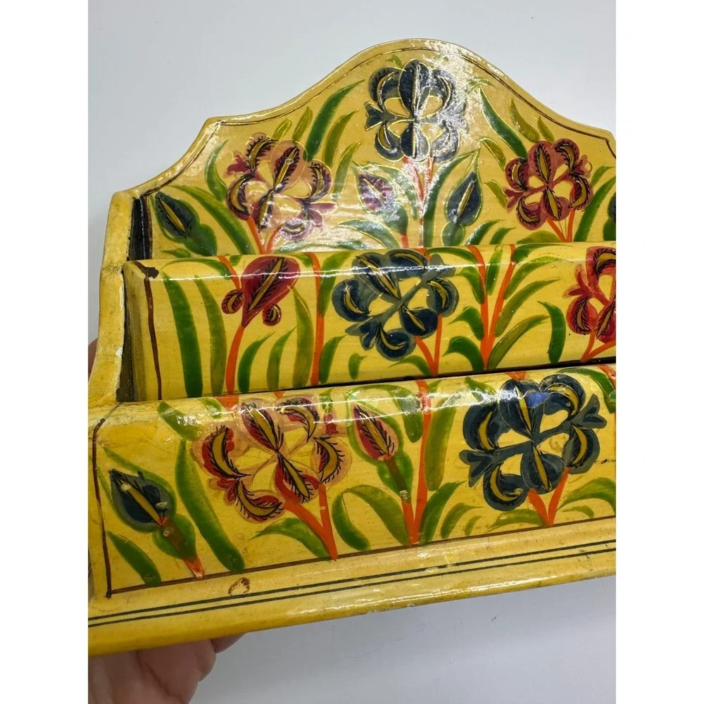 Desktop Letter Holder Yellow Painted Floral Organizer Paper Mache